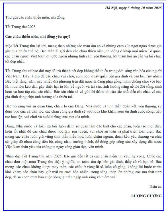 Chủ tịch nước Lương Cường gửi thư chúc Tết Trung thu - Ảnh 2.