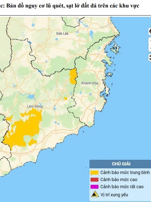 Tin cảnh báo lũ quét, sạt lở đất, sụt lún đất do mưa lũ hoặc dòng chảy trên khu vực tỉnh Lâm Đồng