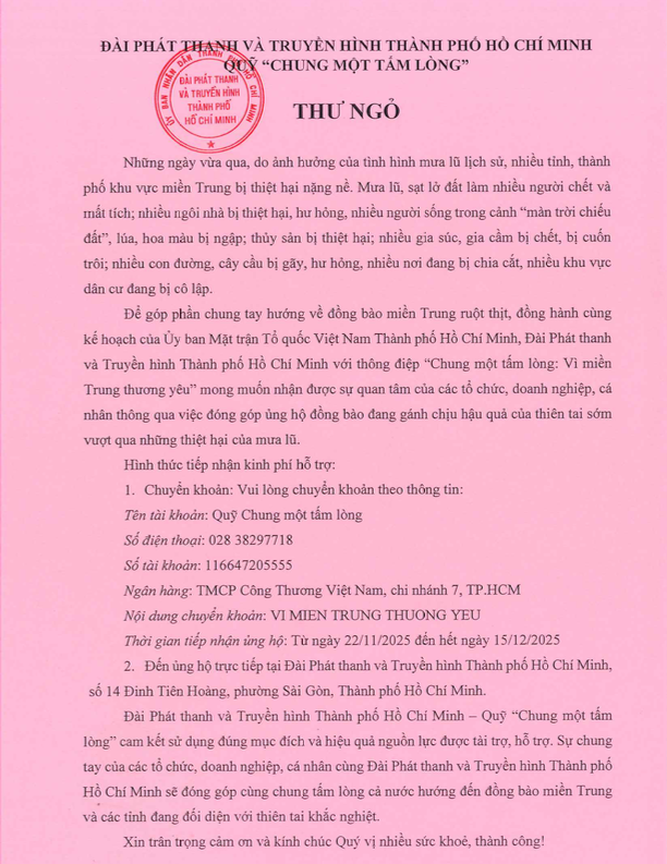 Danh sách khán giả ủng hộ Quỹ “Chung một tấm lòng: Vì miền Trung thương yêu" từ 16 giờ ngày 12/12/2025 đến 16 giờ ngày 13/12/2025- Ảnh 1. Danh sách khán giả ủng hộ Quỹ “Chung một tấm lòng: Vì miền Trung thương yêu" từ 16 giờ ngày 12/12/2025 đến 16 giờ ngày 13/12/2025- Ảnh 1.