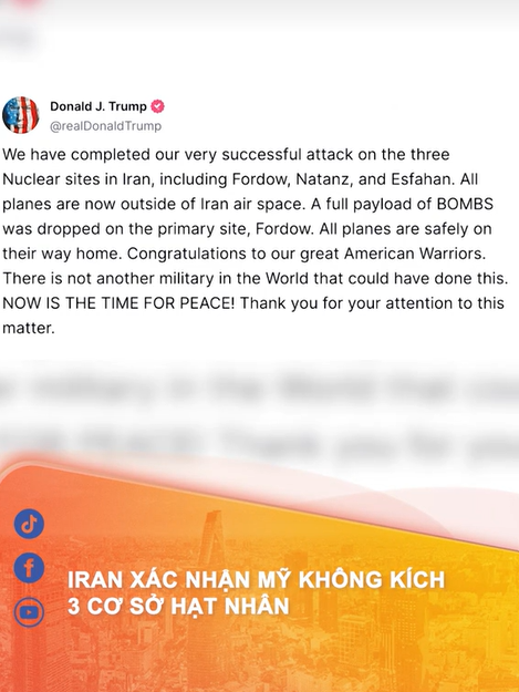 Iran xác nhận Mỹ không kích 3 cơ sở hạt nhân