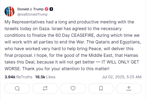 Ông Trump nói Israel đồng ý lệnh ngừng bắn 60 ngày ở Gaza - Ảnh 1.
