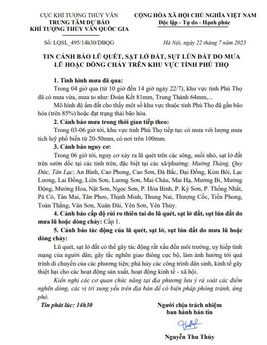 Tin cảnh báo lũ quét, sạt lở đất, sụt lún đất do mưa lũ hoặc dòng chảy trên khu vực tỉnh Phú Thọ - Ảnh 1.