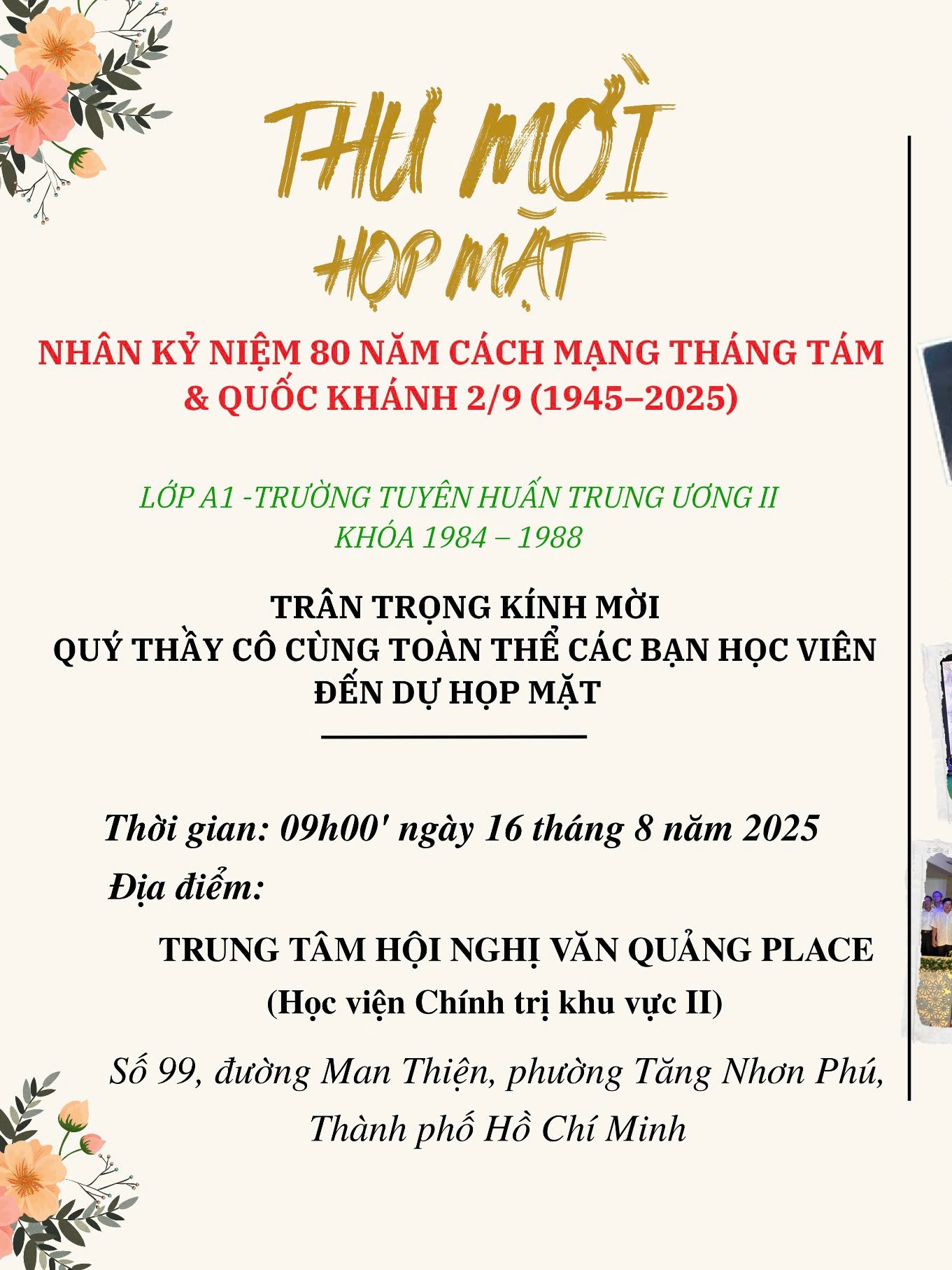 Họp mặt truyền thống lớp A1 – Trường Tuyên huấn Trung ương II nhân kỷ niệm 80 năm Cách mạng Tháng Tám và Quốc khánh 2/9