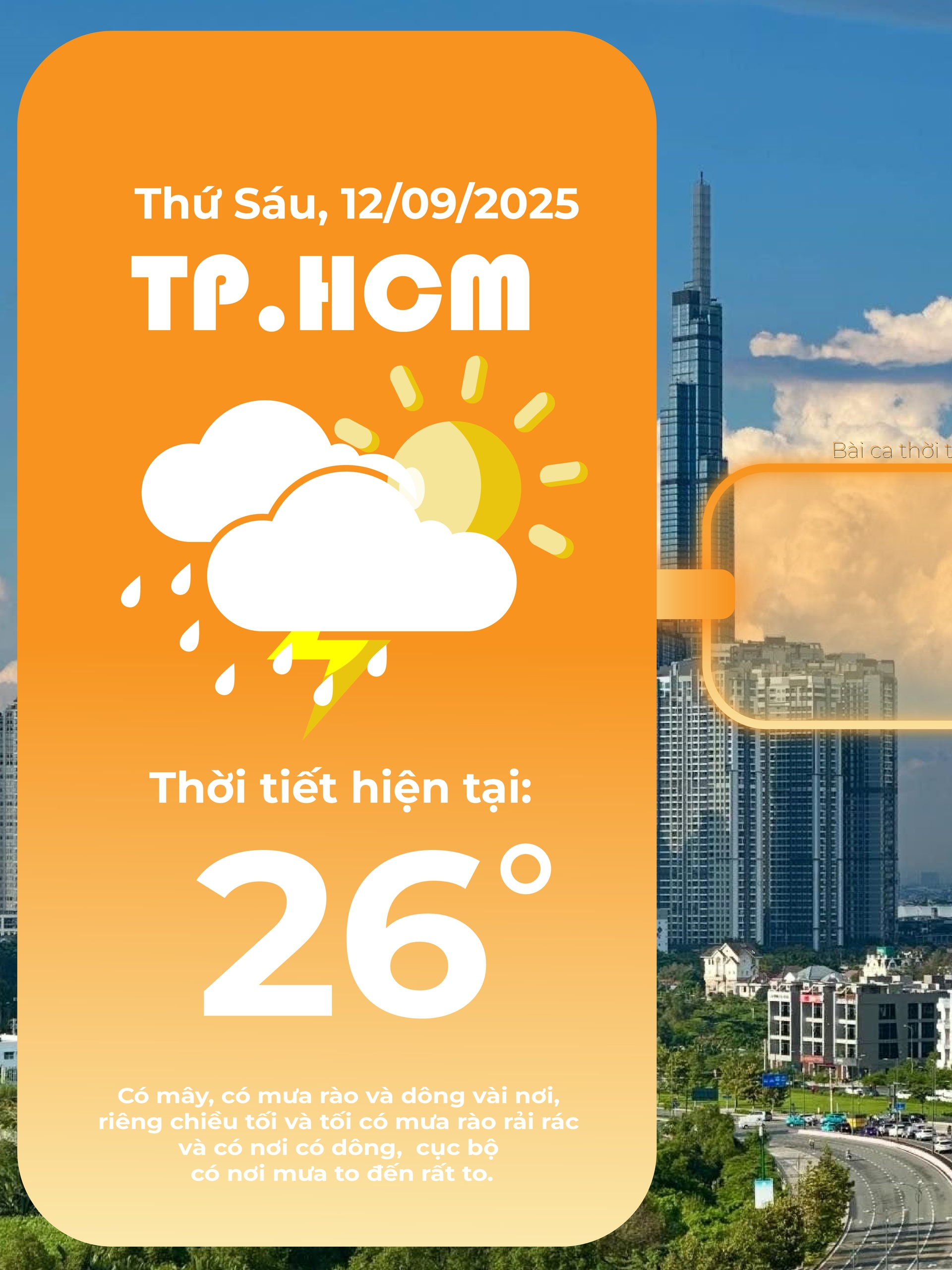 Dự báo thời tiết TP.HCM ngày 12/9/2025: Có mây, có mưa rào và dông vài nơi