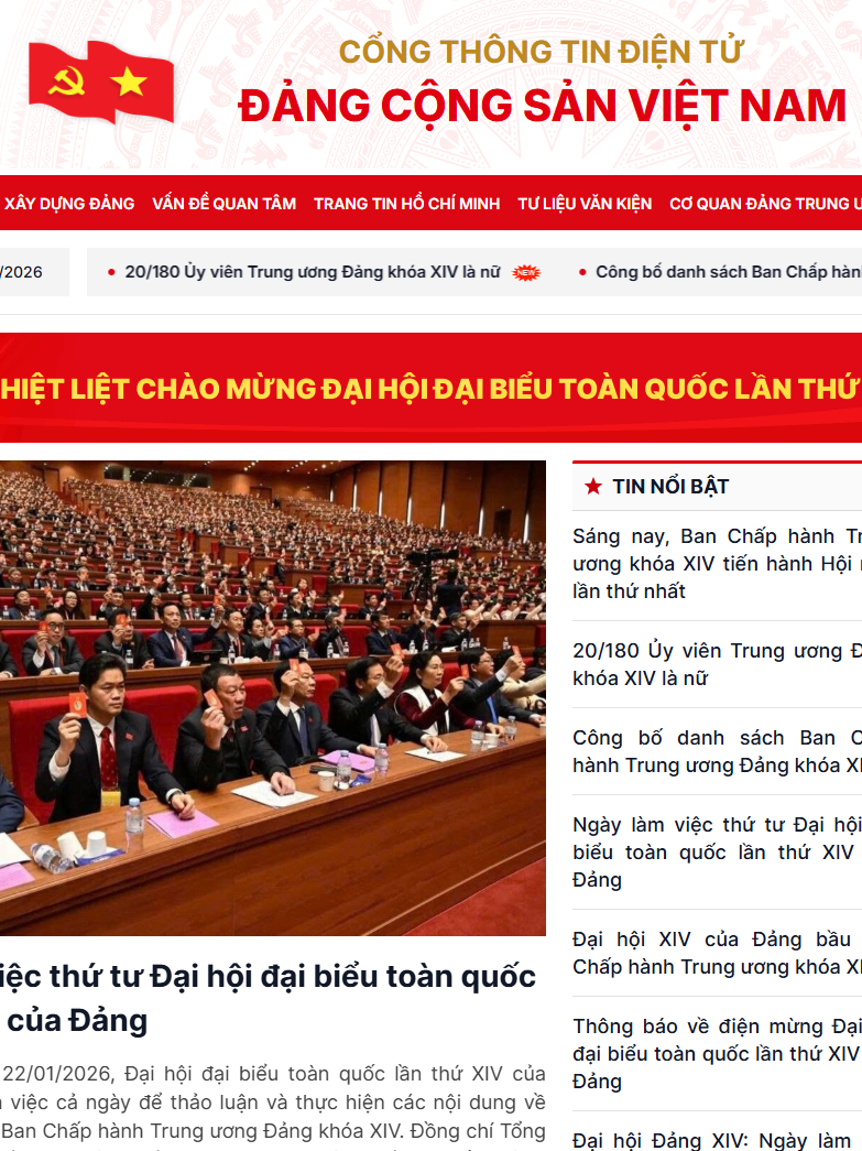Cổng Thông tin điện tử Đảng Cộng sản Việt Nam sẽ truyền hình trực tuyến phiên bế mạc Đại hội XIV của Đảng