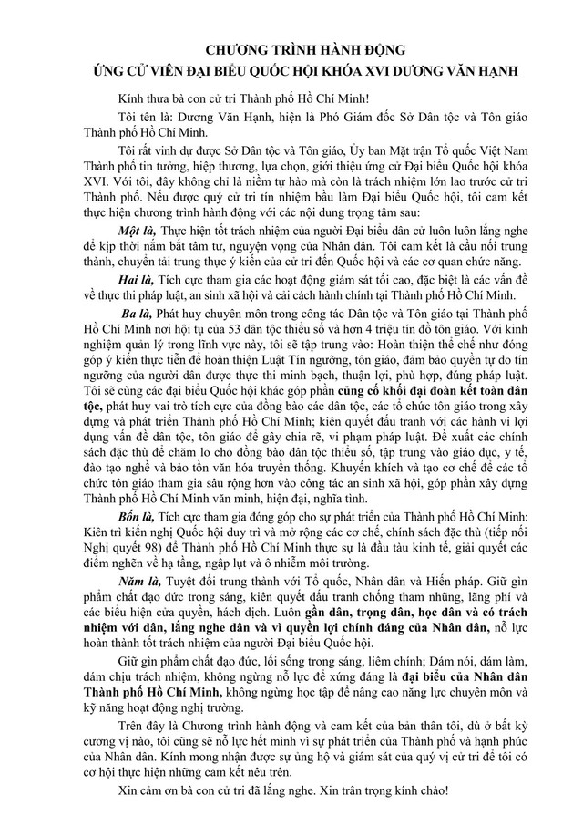 Chương trình hành động Ứng cử viên Đại biểu Quốc hội Khóa XVI Dương Văn Hạnh- Ảnh 2.