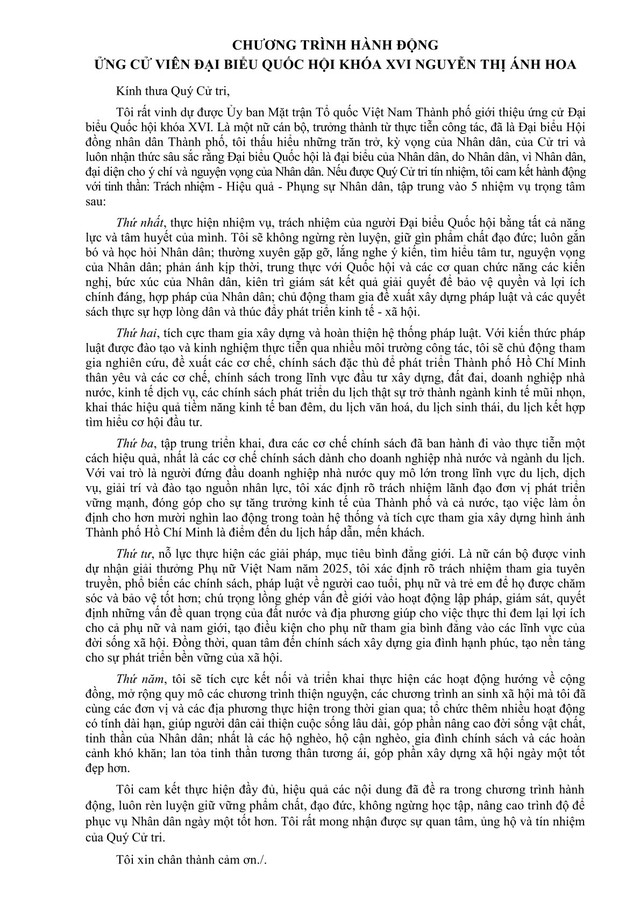 Chương trình hành động Ứng cử viên Đại biểu Quốc hội Khóa XVI Nguyễn Thị Ánh Hoa- Ảnh 2.