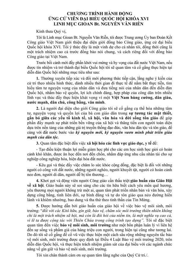 Chương trình hành động Ứng cử viên Đại biểu Quốc hội Khóa XVI Linh mục Gioan Baotixita Nguyễn Văn Riễn- Ảnh 2.