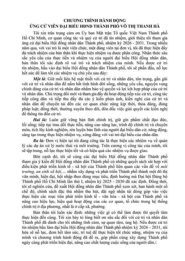 Chương trình hành động Ứng cử viên Đại biểu Hội đồng nhân dân TP. Hồ Chí Minh Khóa XI Võ Thị Thanh Hà- Ảnh 2.