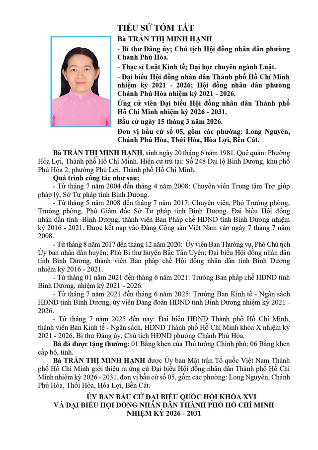 Chương trình hành động Ứng cử viên Đại biểu Hội đồng nhân dân TP. Hồ Chí Minh Khóa XI Trần Thị Minh Hạnh- Ảnh 1.