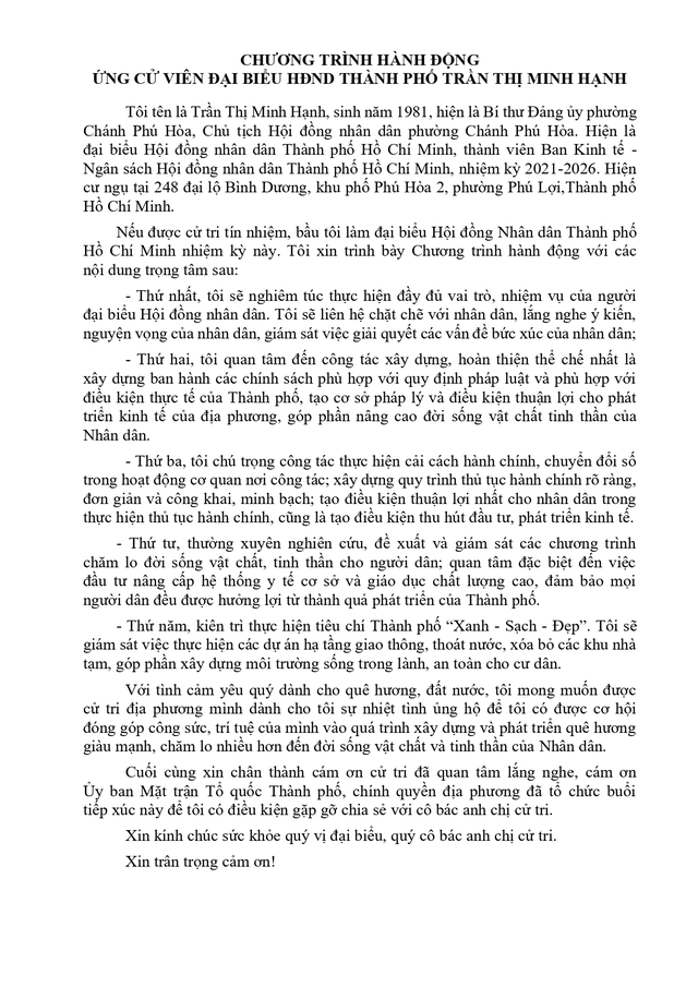 Chương trình hành động Ứng cử viên Đại biểu Hội đồng nhân dân TP. Hồ Chí Minh Khóa XI Trần Thị Minh Hạnh- Ảnh 2.
