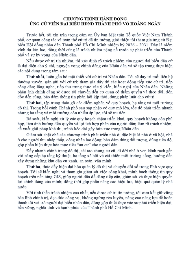Chương trình hành động Ứng cử viên Đại biểu Hội đồng nhân dân TP. Hồ Chí Minh Khóa XI Võ Hoàng Ngân- Ảnh 2.