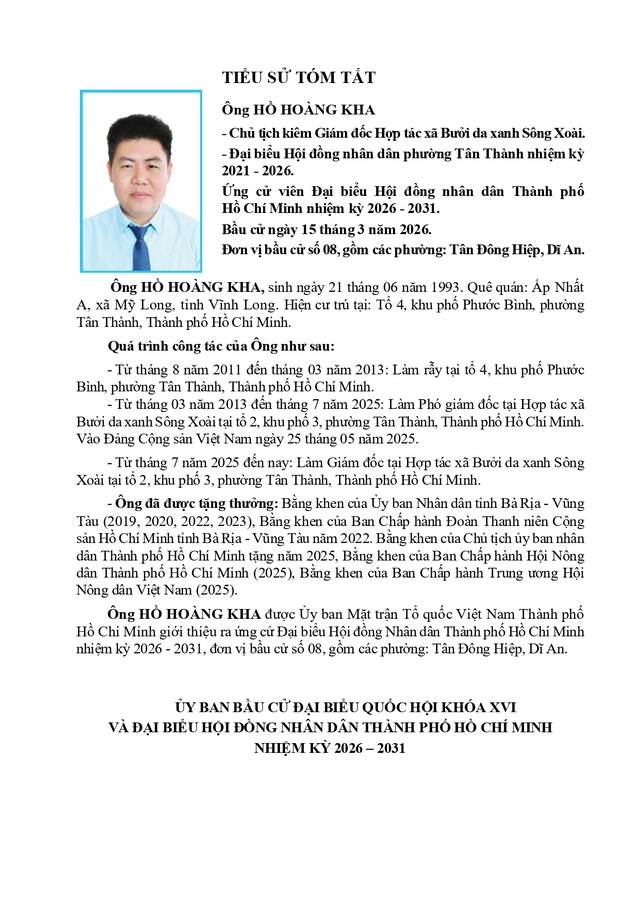 Chương trình hành động Ứng cử viên Đại biểu Hội đồng nhân dân TP. Hồ Chí Minh Khóa XI Hồ Hoàng Kha - Ảnh 1.