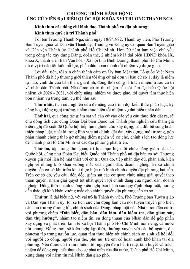 Chương trình hành động Ứng cử viên Đại biểu Quốc hội Khóa XVI Trương Thanh Nga- Ảnh 2.