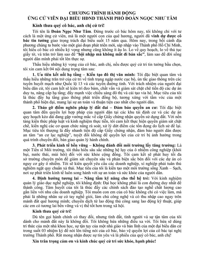 Chương trình hành động Ứng cử viên Đại biểu Hội đồng nhân dân TP. Hồ Chí Minh Khóa XI Đoàn Ngọc Như Tâm- Ảnh 2.