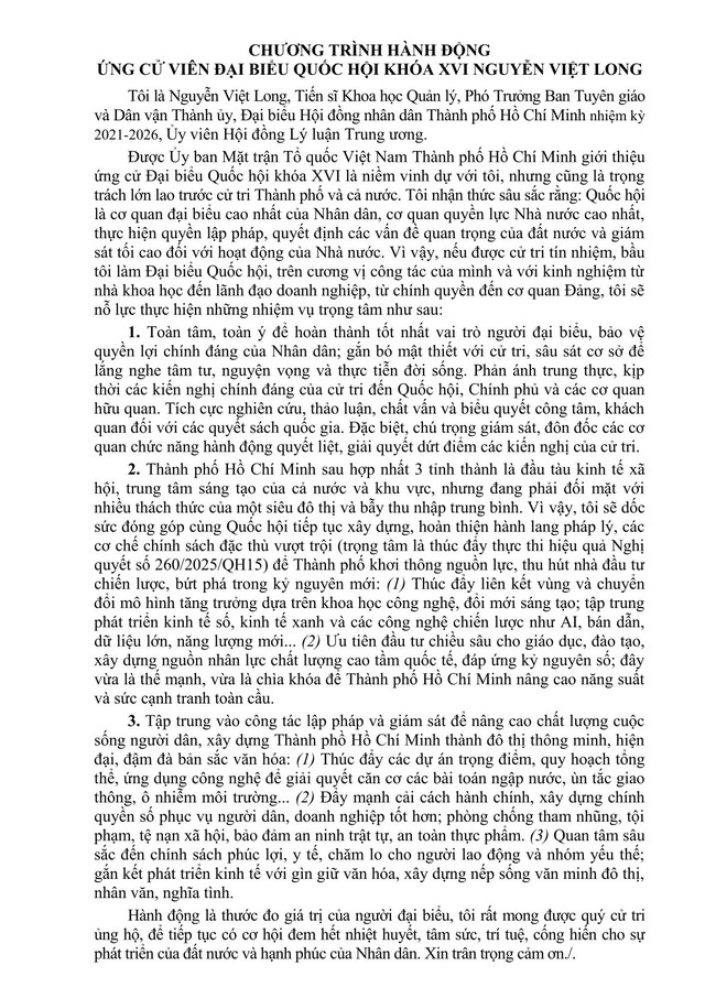 Chương trình hành động Ứng cử viên Đại biểu Quốc hội Khóa XVI Nguyễn Việt Long - Ảnh 2.