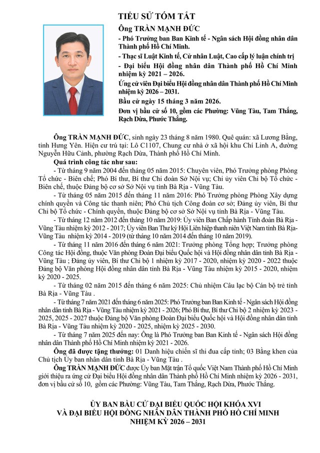 Ông Trần Mạnh Đức trúng cử Đại biểu Hội đồng nhân dân TP. Hồ Chí Minh Khóa XI nhiệm kỳ 2026 - 2031 - Ảnh 1.