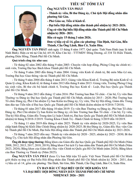 Ông Nguyễn Tấn Phát trúng cử Đại biểu Hội đồng nhân dân TP. Hồ Chí Minh Khóa XI nhiệm kỳ 2026 - 2031 - Ảnh 1.