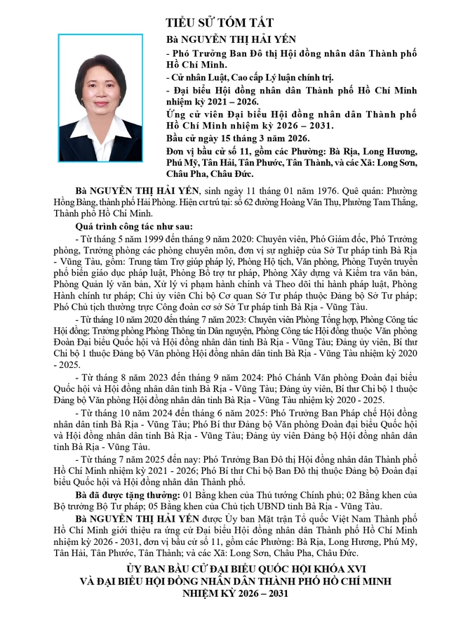 Bà Nguyễn Thị Hải Yến trúng cử Đại biểu Hội đồng nhân dân TP. Hồ Chí Minh Khóa XI nhiệm kỳ 2026 - 2031 - Ảnh 1.