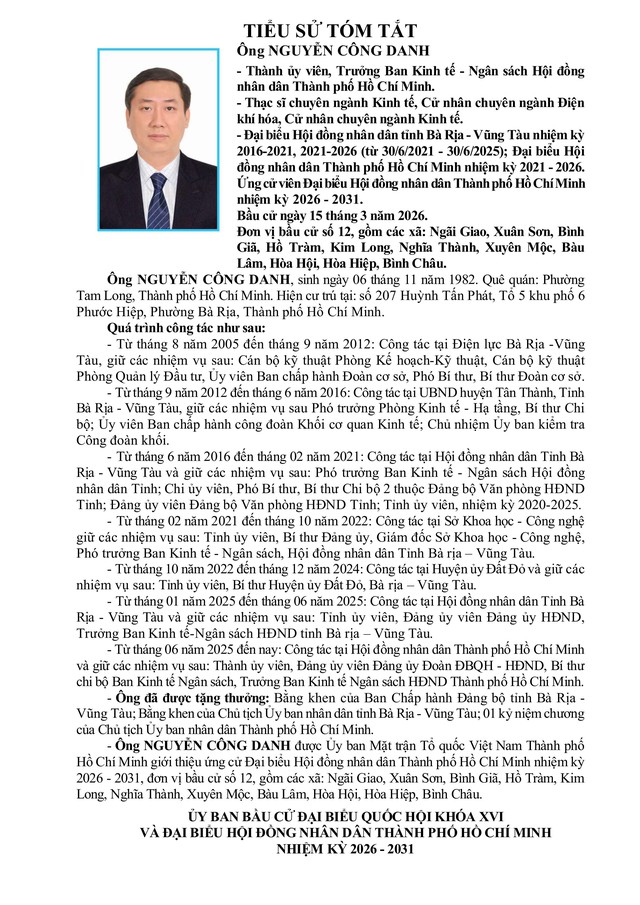 Ông Nguyễn Công Danh trúng cử Đại biểu Hội đồng nhân dân TP. Hồ Chí Minh Khóa XI nhiệm kỳ 2026 - 2031 - Ảnh 1.