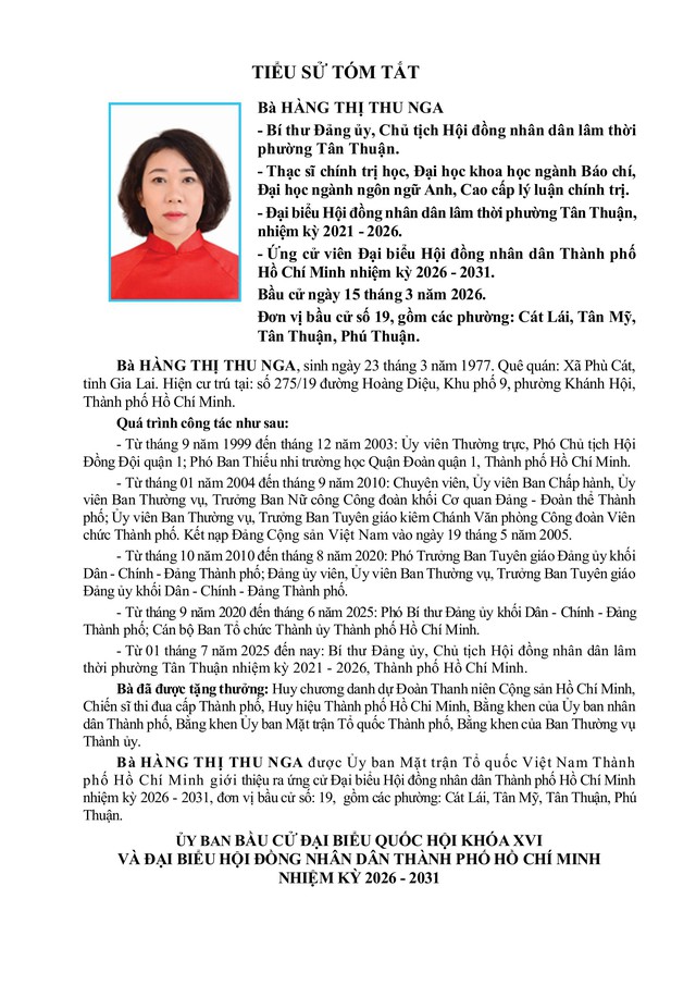 Bà Hàng Thị Thu Nga trúng cử Đại biểu Hội đồng nhân dân TP. Hồ Chí Minh Khóa XI nhiệm kỳ 2026 - 2031 - Ảnh 1.