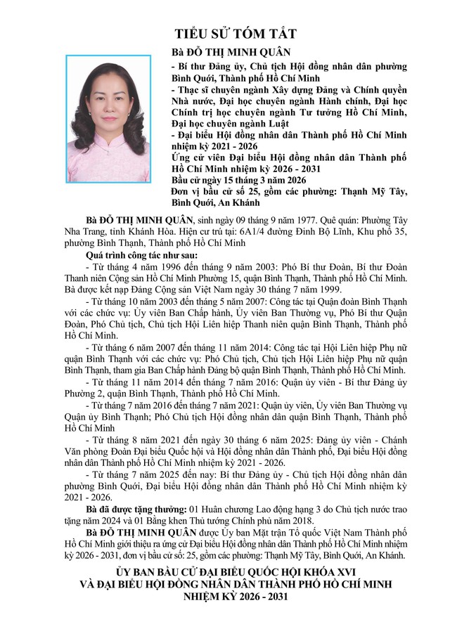 Bà Đỗ Thị Minh Quân trúng cử Đại biểu Hội đồng nhân dân TP. Hồ Chí Minh Khóa XI nhiệm kỳ 2026 - 2031 - Ảnh 1.