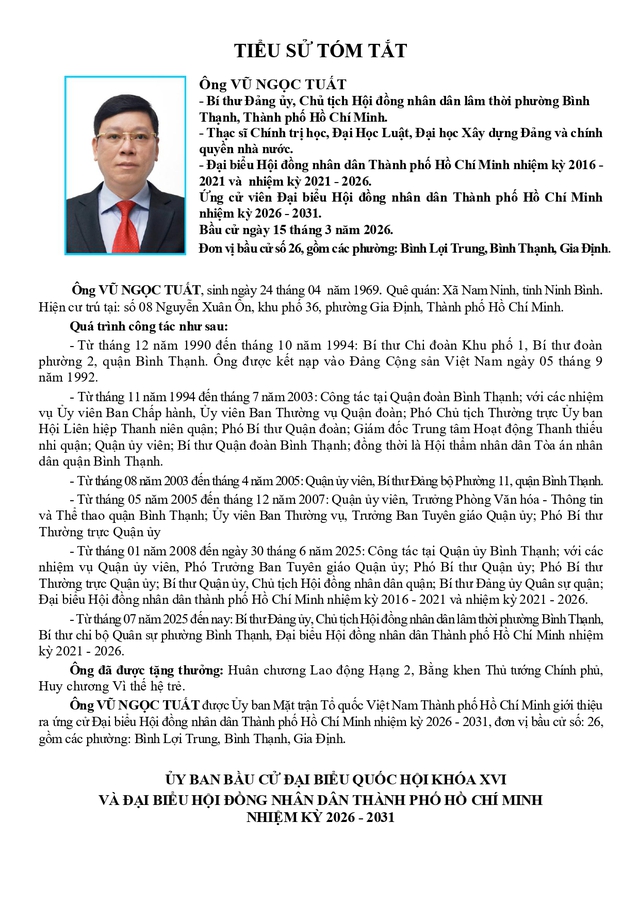 Ông Vũ Ngọc Tuất trúng cử Đại biểu Hội đồng nhân dân TP. Hồ Chí Minh Khóa XI nhiệm kỳ 2026 - 2031 - Ảnh 1.