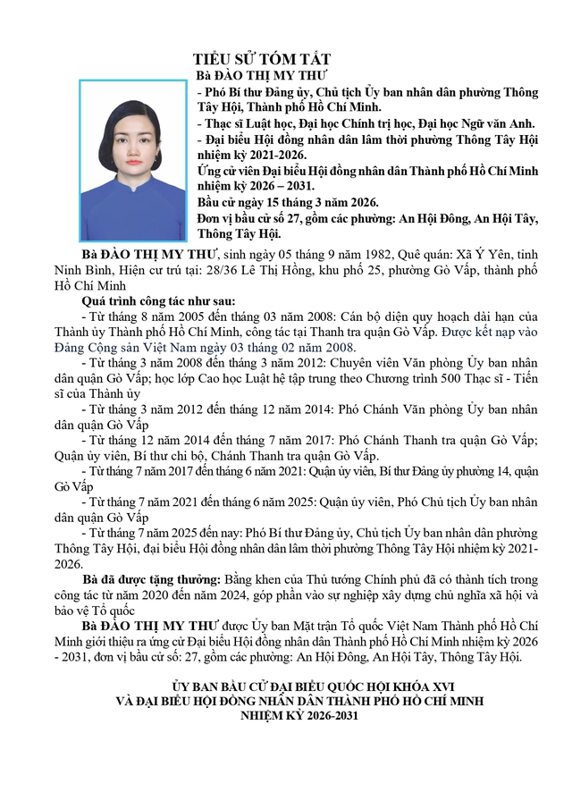 Bà Đào Thị My Thư trúng cử Đại biểu Hội đồng nhân dân TP. Hồ Chí Minh Khóa XI nhiệm kỳ 2026 - 2031 - Ảnh 2.