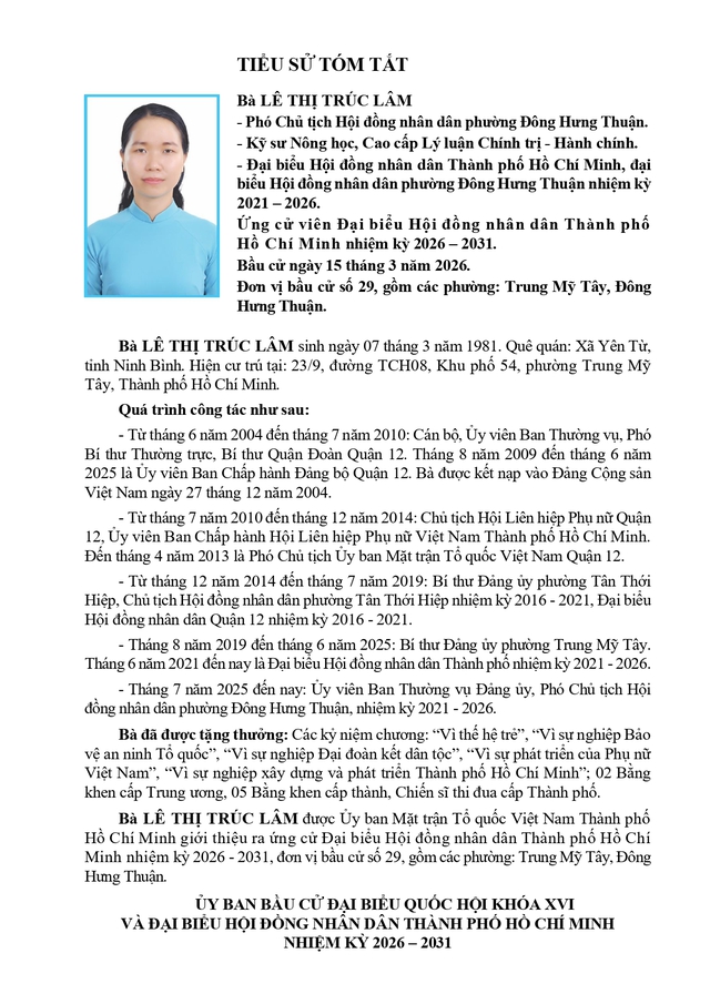 Bà Lê Thị Trúc Lâm trúng cử Đại biểu Hội đồng nhân dân TP. Hồ Chí Minh Khóa XI nhiệm kỳ 2026 - 2031 - Ảnh 1.