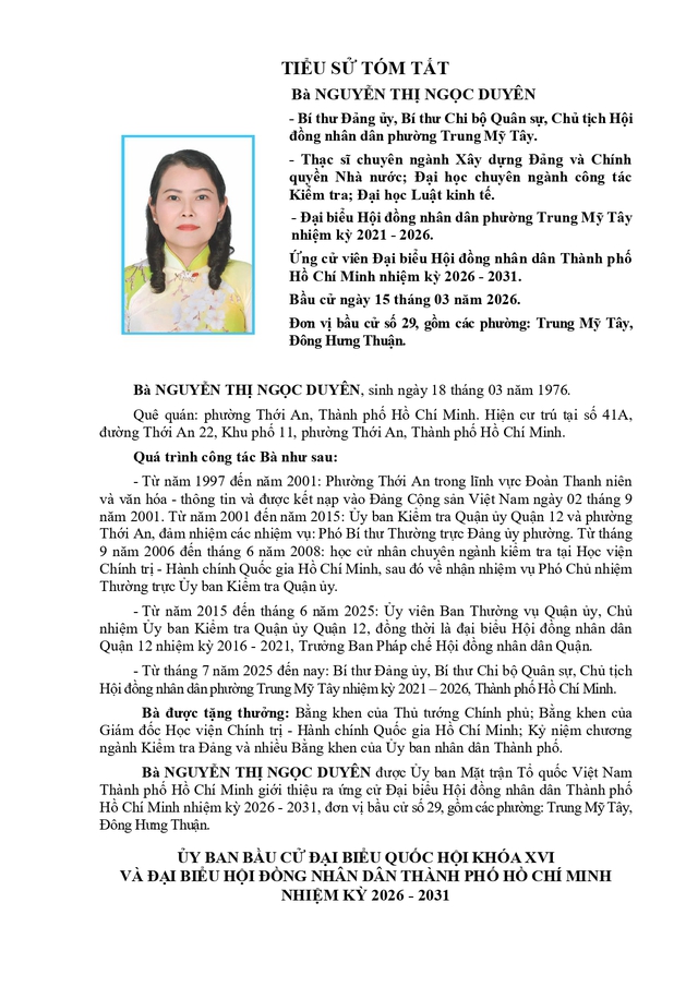 Bà Nguyễn Thị Ngọc Duyên trúng cử Đại biểu Hội đồng nhân dân TP. Hồ Chí Minh Khóa XI nhiệm kỳ 2026 - 2031 - Ảnh 1.