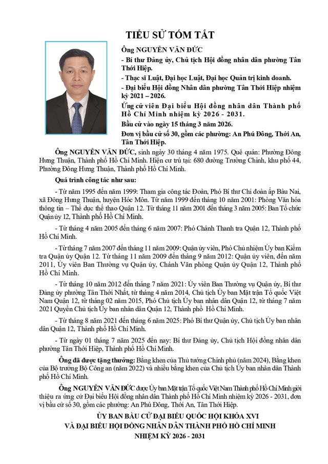 Ông Nguyễn Văn Đức trúng cử Đại biểu Hội đồng nhân dân TP. Hồ Chí Minh Khóa XI nhiệm kỳ 2026 - 2031 - Ảnh 1.