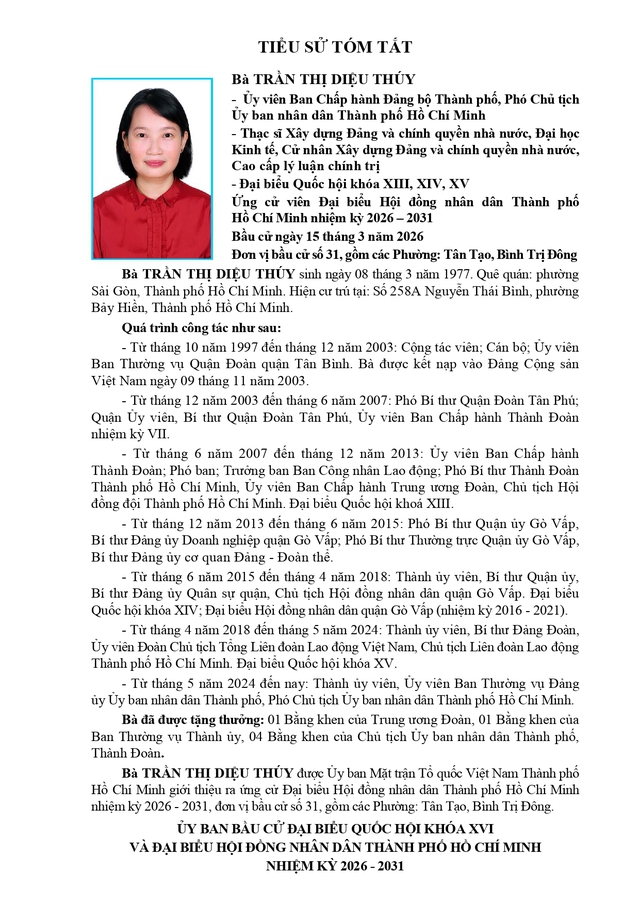 Bà Lê Thị Diệu Thúy trúng cử Đại biểu Hội đồng nhân dân TP. Hồ Chí Minh Khóa XI nhiệm kỳ 2026 - 2031 - Ảnh 1.
