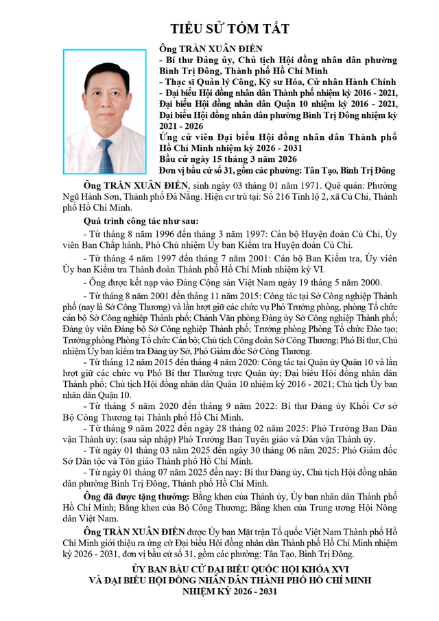 Ông Trần Xuân Điền trúng cử Đại biểu Hội đồng nhân dân TP. Hồ Chí Minh Khóa XI nhiệm kỳ 2026 - 2031 - Ảnh 1.