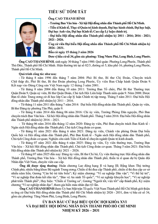 Ông Cao Thanh Bình trúng cử Đại biểu Hội đồng nhân dân TP. Hồ Chí Minh Khóa XI nhiệm kỳ 2026 - 2031 - Ảnh 1.