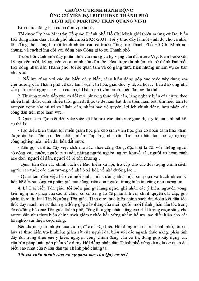 Ông Trần Quang Vinh (Linh mục Martinô) trúng cử Đại biểu Hội đồng nhân dân TP. Hồ Chí Minh Khóa XI nhiệm kỳ 2026 - 2031 - Ảnh 2.