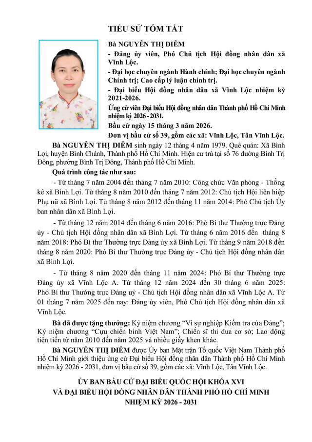 Bà Nguyễn Thị Diễm trúng cử Đại biểu Hội đồng nhân dân TP. Hồ Chí Minh Khóa XI nhiệm kỳ 2026 - 2031 - Ảnh 1.