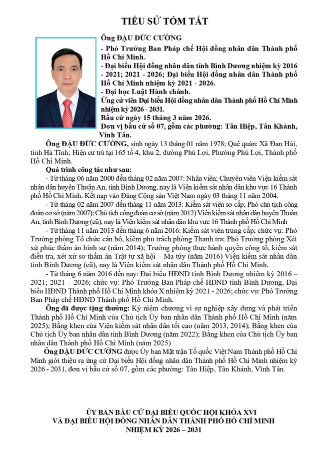 Ông Đậu Đức Cường trúng cử Đại biểu Hội đồng nhân dân TP. Hồ Chí Minh Khóa XI nhiệm kỳ 2026 - 2031 - Ảnh 1.