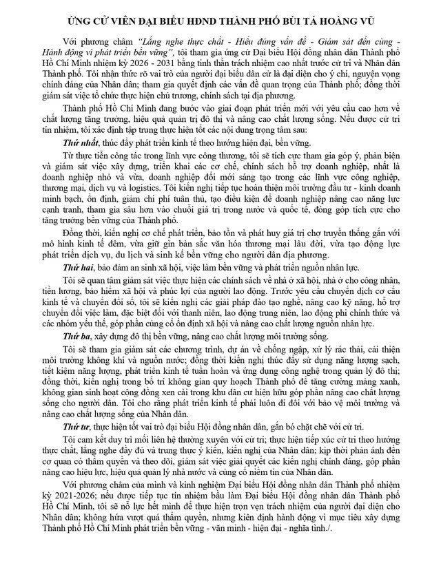 Ông Bùi Tá Hoàng Vũ trúng cử Đại biểu Hội đồng nhân dân TP. Hồ Chí Minh Khóa XI nhiệm kỳ 2026 - 2031 - Ảnh 2.
