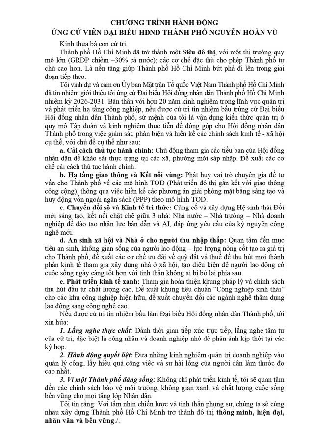 Ông Nguyễn Hoàn Vũ trúng cử Đại biểu Hội đồng nhân dân TP. Hồ Chí Minh Khóa XI nhiệm kỳ 2026 - 2031 - Ảnh 2.