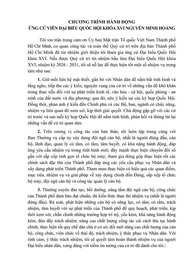 Chương trình hành động Ứng cử viên Đại biểu Quốc hội Khóa XVI Nguyễn Minh Hoàng- Ảnh 2. Chương trình hành động Ứng cử viên Đại biểu Quốc hội Khóa XVI Nguyễn Minh Hoàng- Ảnh 2.