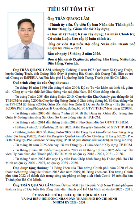 Chương trình hành động Ứng cử viên Đại biểu Hội đồng nhân dân TP. Hồ Chí Minh Khóa XI Trần Quang Lâm - Ảnh 1.