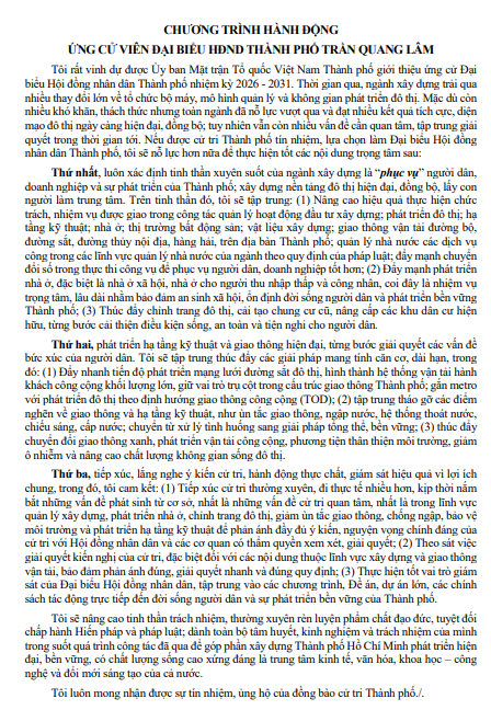 Chương trình hành động Ứng cử viên Đại biểu Hội đồng nhân dân TP. Hồ Chí Minh Khóa XI Trần Quang Lâm - Ảnh 2.