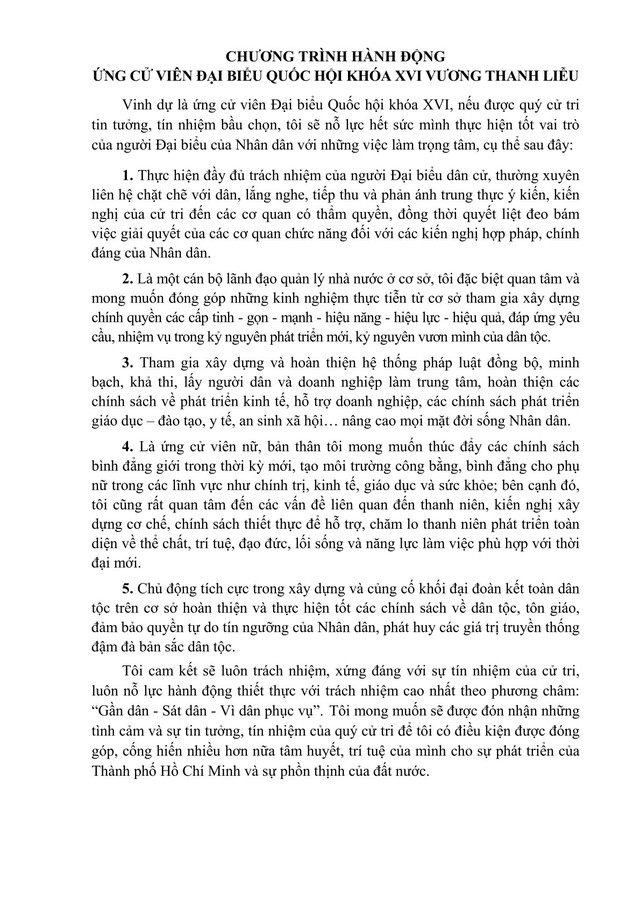Chương trình hành động Ứng cử viên Đại biểu Quốc hội Khóa XVI Vương Thanh Liễu - Ảnh 1.
