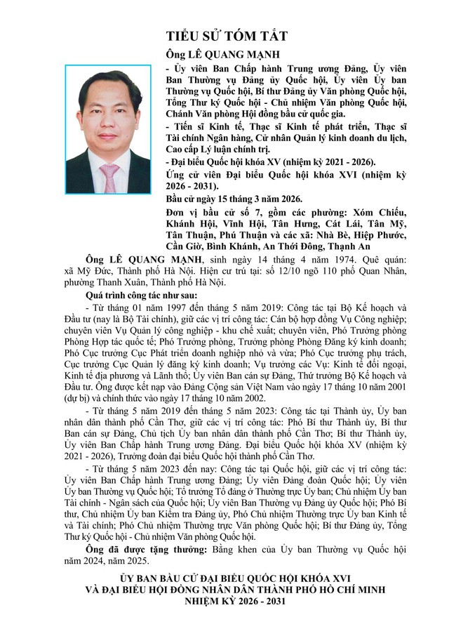 Chương trình hành động Ứng cử viên Đại biểu Quốc hội Khóa XVI Lê Quang Mạnh - Ảnh 2.