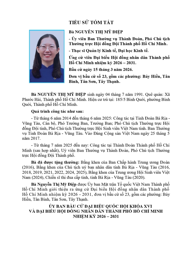 Chương trình hành động Ứng cử viên Đại biểu Hội đồng nhân dân TP. Hồ Chí Minh Khóa XI Nguyễn Thị Mỹ Điệp - Ảnh 1.