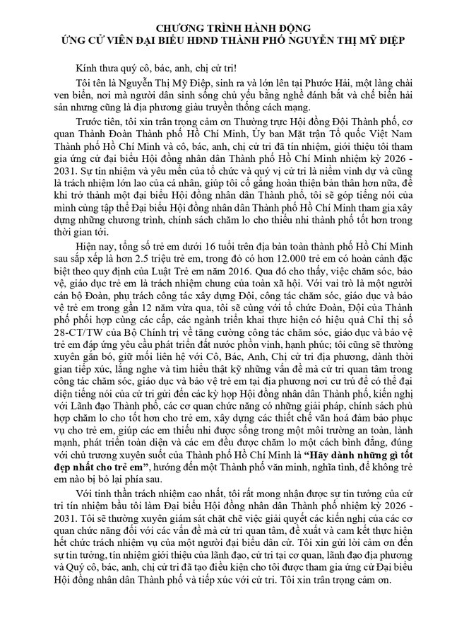 Chương trình hành động Ứng cử viên Đại biểu Hội đồng nhân dân TP. Hồ Chí Minh Khóa XI Nguyễn Thị Mỹ Điệp - Ảnh 2.