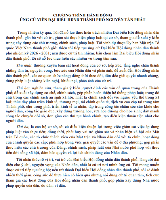 Chương trình hành động Ứng cử viên Đại biểu Hội đồng nhân dân TP. Hồ Chí Minh Khóa XI Nguyễn Tấn Phát - Ảnh 2.