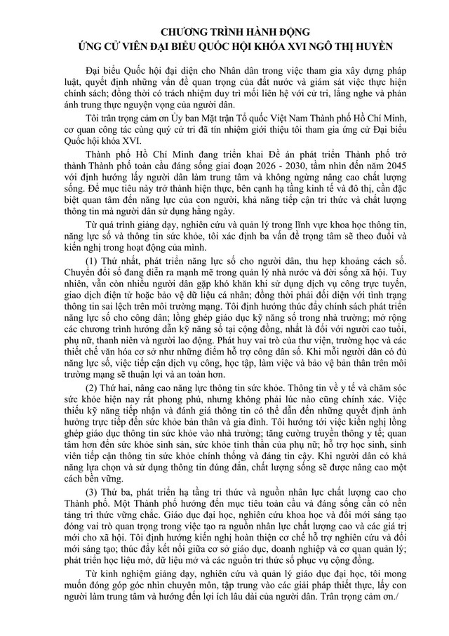 Chương trình hành động Ứng cử viên Đại biểu Quốc hội Khóa XVI Ngô Thị Huyền- Ảnh 2.