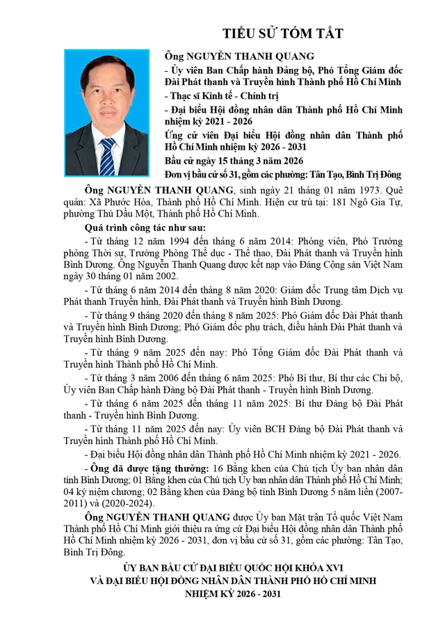 Chương trình hành động Ứng cử viên Đại biểu Hội đồng nhân dân TP. Hồ Chí Minh Khóa XI Nguyễn Thanh Quang- Ảnh 1. Chương trình hành động Ứng cử viên Đại biểu Hội đồng nhân dân TP. Hồ Chí Minh Khóa XI Nguyễn Thanh Quang- Ảnh 1.