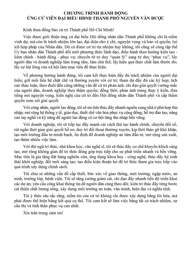 Chương trình hành động Ứng cử viên Đại biểu Hội đồng nhân dân TP. Hồ Chí Minh Khóa XI Nguyễn Văn Được- Ảnh 2. Chương trình hành động Ứng cử viên Đại biểu Hội đồng nhân dân TP. Hồ Chí Minh Khóa XI Nguyễn Văn Được- Ảnh 2.